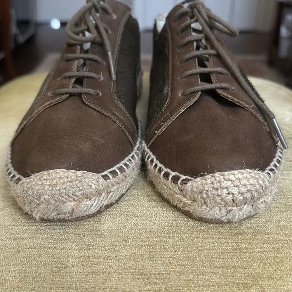 Anthropologie KMB Jorinda Espadrille Sneakers Leather Calf Hair Olive Brown Sz 9